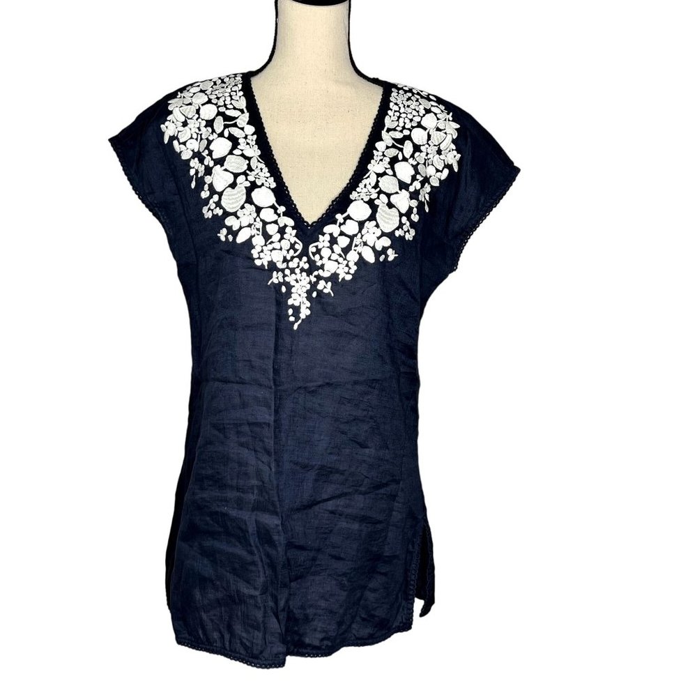 Tory Burch Navy Blue White Issy Scallop-Trim Embroidered Linen Tunic Top Size S